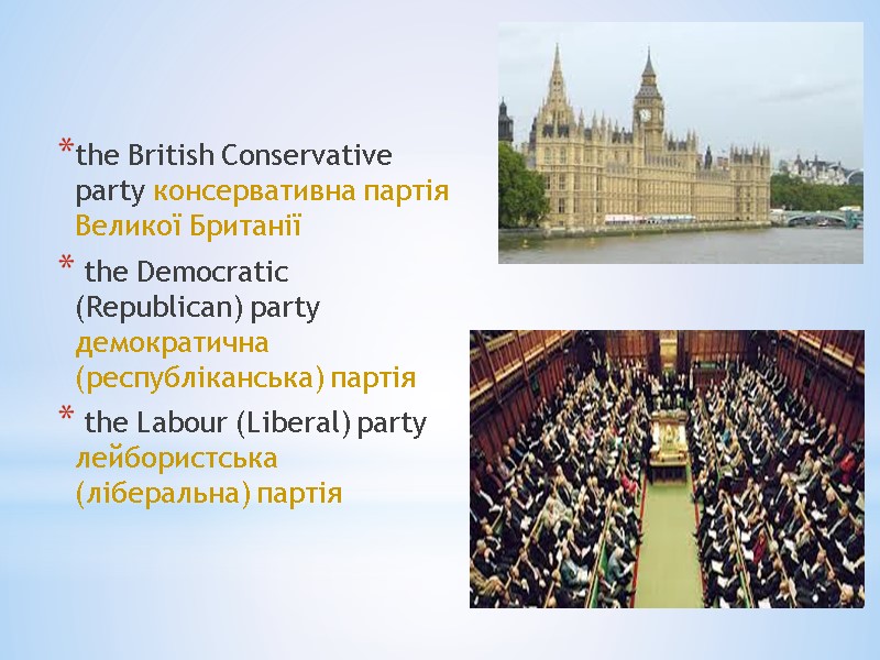 the British Conservative party консервативна партія Великої Британії  the Democratic (Republican) party демократична